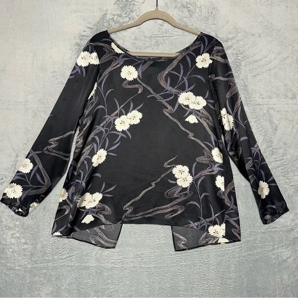 Club Monaco Briley Open-Back Black 100% Silk Floral Print Long Sleeve Blouse #44 - Picture 5 of 16